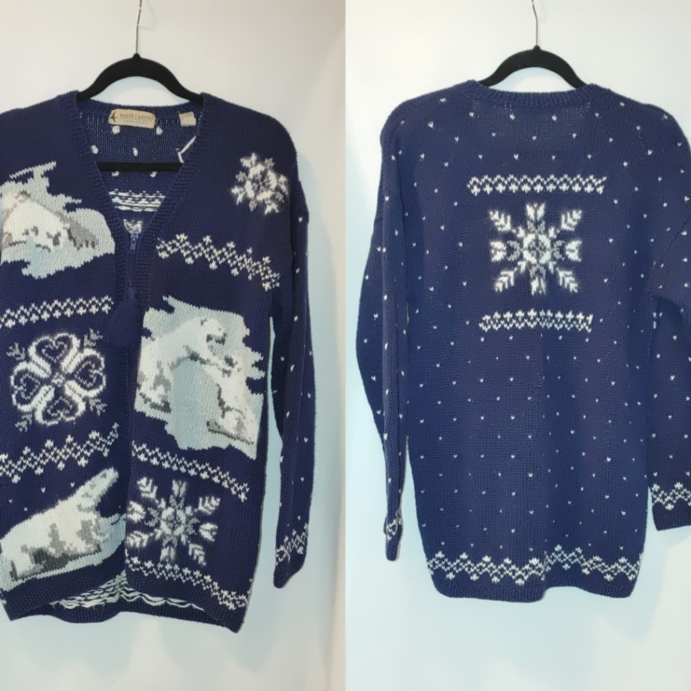 Marsh‎ Landing Hand Knits Holiday Christmas Winter Full Zip Sweater Bears Wool M